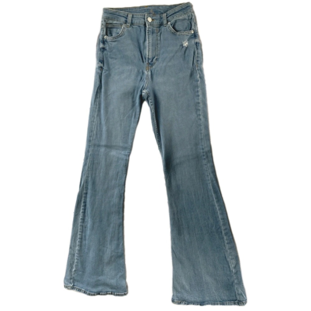 Bershka Jeans Women 25"W Stretch Light Wash High Rise Flare Distressed Altered